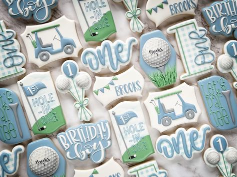 1st Birthday Golf Theme Cookies, First Birthday Golf Cake, Hole In One First Birthday Cookies, Hole In One Cookies, Golf Cookies, Golf First Birthday, Golf Baby Showers, First Birthday Cookies, Baby First Birthday Themes