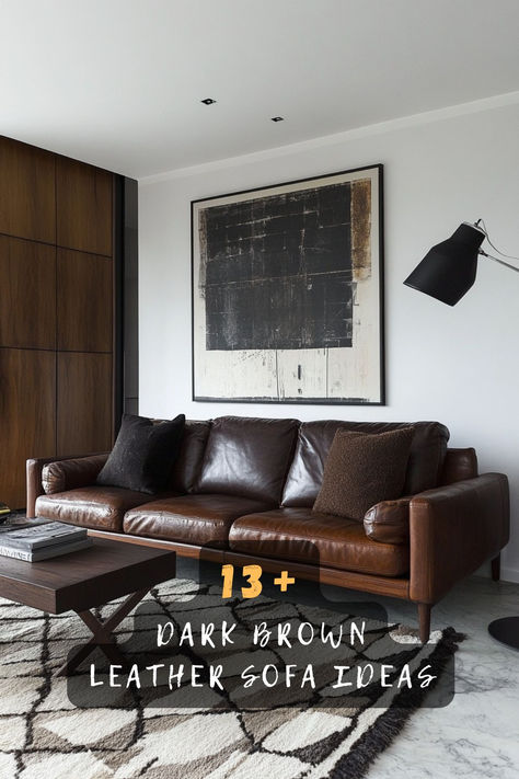 Wondering how to style your dark brown leather sofa? These 13 living room ideas combine cozy textures, modern accents, and timeless elegance. Click now for inspiration! 🛋️✨🏡 #DarkBrownSofa #LivingRoomInspo #HomeDecorIdeas #LeatherSofaStyle #InteriorDesignTips #CozySpaces #ModernHomes Chocolate Brown Sofa Living Room, Chocolate Brown Sofa Living Room Ideas, Dark Leather Sofa, Dark Brown Sofa Living Room, Chocolate Brown Sofa, Brown Leather Sofa Living Room, Dark Brown Leather Sofa, Dark Brown Sofas, Brown Sofa Living Room