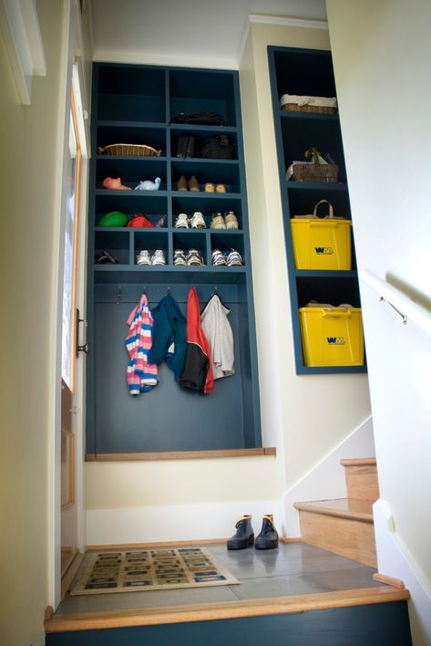 Yellow Mudroom, Entryway Niche, Stairway Storage, Split Entry Remodel, Garage Steps, Narrow Closet, Easter House, Stairs Renovation, Front Closet