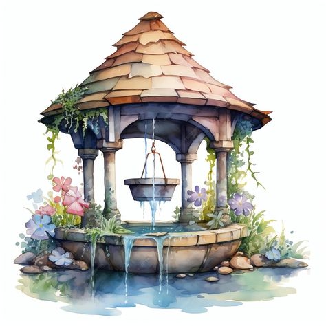 Premium AI Image | Wishing Well Toothfairy Fairytale world watercolor Fairy Wishing Well, Wishing Well Tattoo Ideas, Wishing Well Painting, Wishing Well Drawing, Wishing Well Tattoo, Wishing Well Art, Well Cartoon, Wishing Well Ideas, Well Illustration