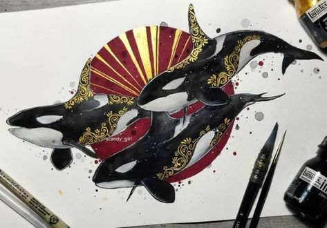 Gold And Red, Wow Art, Art And Illustration, Fantastic Art, Watercolor Animals, Whales, Creature Art, Art Techniques, Animal Drawings