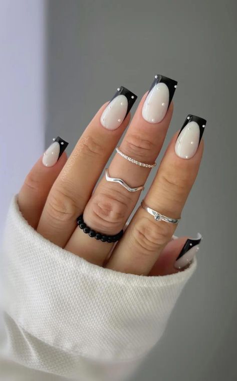 Reverse French Nails, Black And White Nail, Black French Nails, Black And White Nail Designs, White French Nails, Crazy Nail Designs, Black French Tips, Acrylic Nail Shapes, Milky Nails