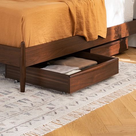 Veneered Walnut Rectangular Under-bed Storage Drawer Set | Lenia | Article Lenia Bed, New Bedroom Furniture, Under Bed Shoe Storage, Underbed Storage Drawers, Drawer Set, Mid Century Modern Bed, Modern Beds, Article Furniture, Underbed Storage