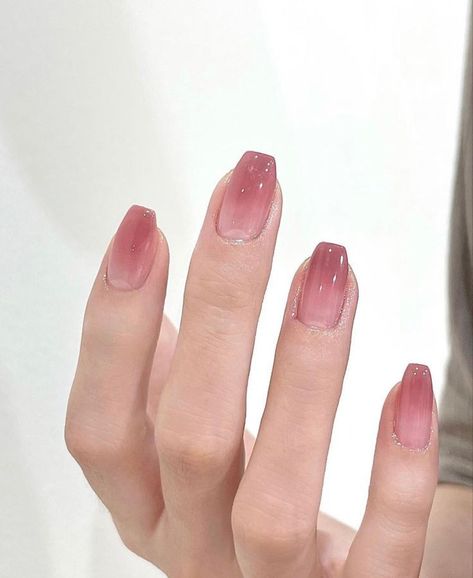 Korean Almond Nails Simple, Acrylic Nails Rose Pink, Pretty Gel Nails Pink, Simple Nails Jelly, Blush Douyin Nails, Nails Acrylic Gradient, Pink Gradient Acrylic Nails, Cute Gradient Nails, Korean Nails Ideas Pink