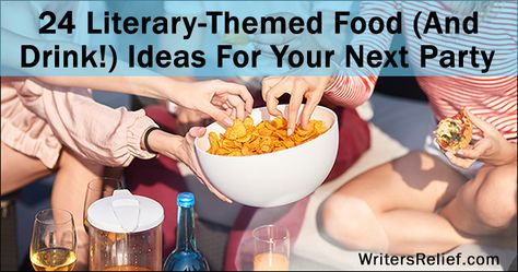 Book Inspired Food, Food From Books, Literary Snacks, Book Party Food Ideas, Book Themed Birthday Party For Adults Food Ideas, Book Themed Coffee Drinks, Literary Food, Lessons In Chemistry Book Club Food Ideas, Books And Booze Party