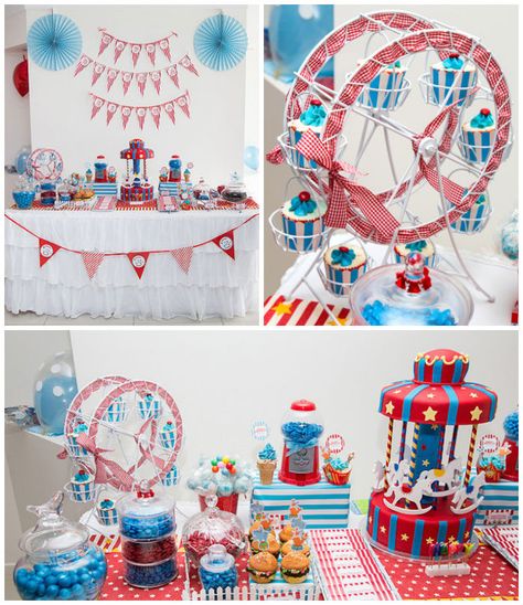 Circus + Carnival themed birthday party via Kara's Party Ideas KarasPartyIdeas.com #circus #carnival #circusparty #firstbirthdayparty (1) Luna Park Party, Carnival Themed Birthday Party, Vintage Carnival Party, Circus 1st Birthdays, Circus Party Decorations, Carnival Birthday Party Theme, Circus Carnival Party, Themed First Birthday, Tema Disney