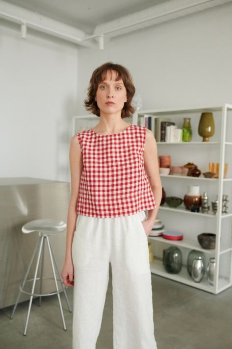 Linen Tops for Women | Linen For a Modern Women | Linenfox Gingham Top Outfit, Red Gingham Top, Normcore Outfits, Gingham Linen, Gingham Top, Womens Clothing Patterns, Linen Tank Top, Linen Crops, Linen Tank