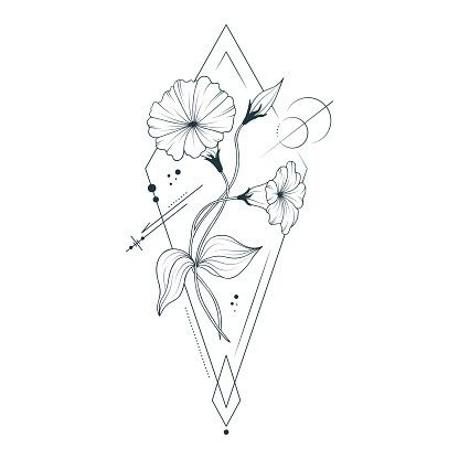 Flower Tattoo With Triangle, Birth Flower Tattoos Geometric, Geometric Flower Bouquet Tattoo, Triangle Tattoo With Flowers, Fine Line Geometric Flower Tattoo, Morning Glory Tattoo Design, Rhombus Tattoo, Morning Glory Drawing, Geometric Violet Flower Tattoo