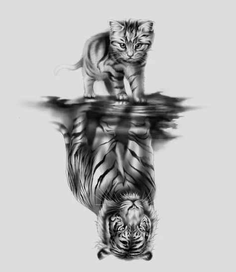 Tiger Reflection Tattoo, Tattoo Ideas Cats, Cats Tattoo Ideas, Reflection Tattoo, Tattoos Sketches, Tiger Tattoo Sleeve, Big Cat Tattoo, Cats Tattoo, Colored Tattoo Design