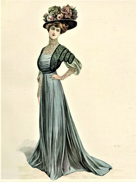 1908 Fashion, Edwardian Fashion Plates, 1900's Fashion, 1900s Fashion, Era Fashion, Gibson Girl, Blue Gown, Edwardian Fashion, Edwardian Era