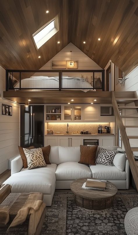 20 Luxury Tiny Homes For Stylish Small Space Living Tiny Home With Large Loft, Cozy Interior Design Small Houses, Luxury Tiny House Interior, Small Loft House Design, Cozy Loft Bedroom, Tiny Loft House, Garage Tiny House, Loft House Ideas, Cozy Small Home