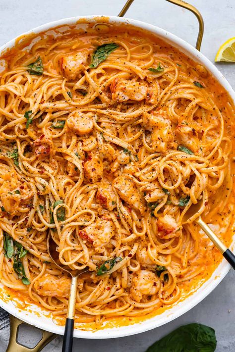 Creamy Tomato Seafood Pasta, Lobster Noodles Recipe, Lobster Noodles Chinese, Lobster Vodka Pasta, Pasta With Langostino, Lobster Linguine Recipe, Langostino Lobster Recipes Pasta, Easy Lobster Pasta Recipe, Seafood Linguine Recipe Tomato