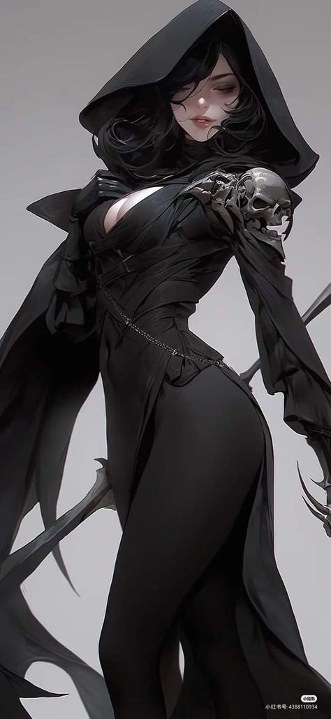 Female Reaper Character Design, Grim Reaper Reference, Grim Reaper Inspired Outfits, Necromancer Dress, Female Reaper Art, Grim Reaper Female, Scythe Character Design, Female Necromancer Art, Grim Reaper Oc