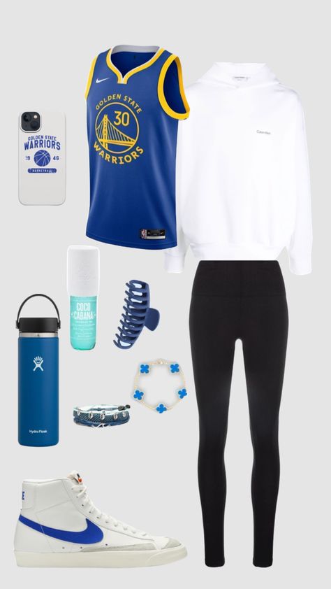 #goldenstatewarriors #aesthetic #fashion #outfitinspo #blue #vibes #preppy #white #basketball Preppy Basketball Outfits, Basketball Practice Outfit, Basketball Game Fits, Basketball Outfit For Women, Basketball Preppy, Basketball Shorts Women Outfit, Basketball Player Costume, Basketball Essentials, Basketball Fits