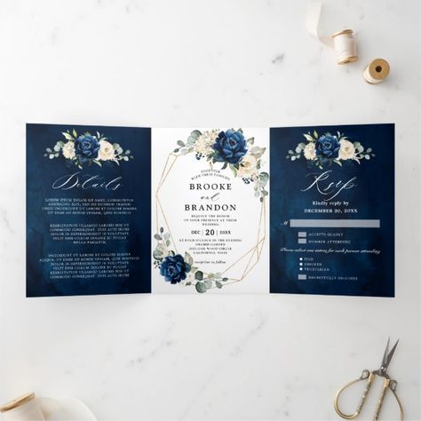 Navy White Ivory Geometric Tri-fold Wedding invite Tri Fold Wedding Invitations, Fall Monograms, Tri Fold Cards, Zazzle Wedding, Sage Wedding, Elegant Bouquet, Easy Frame, Blue Themed Wedding, Cream Wedding