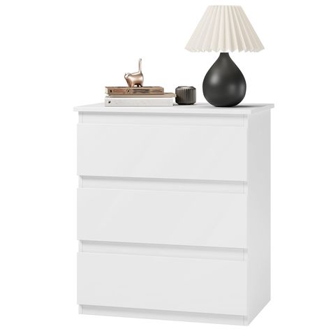 PRICES MAY VARY. 【Long-lasting Nightstand】Made with premium particleboards and high quality hardware, you can rest assured Bamjoy white nightstand can last hundred years after setting up. Featuring a glossy lacquer white finish and cut-out handle design, the 3 drawers run easily and smoothly. 【Not only a Nightstand】Bamjoy white nightstand expresses the clean lines and simplicity, thus it can not only can be used as a nightstand in bedroom, but also in your dressing room as a closetmaid drawer ch Small Bedroom Essentials, Small Drawer Ideas, Preppy Night Stand, Cute Night Stands, Nightstand Amazon, White Side Table Bedroom, Cute Nightstands, White Bed Side Table, Modern White Bedside Table