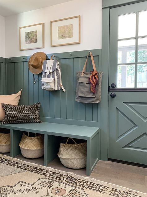 Caldwell Green, House Mudroom, Moody Paint, Boot Rooms, Evergreen House, Interior Boho, Farmhouse Room, Mudroom Decor, Fresh Farmhouse