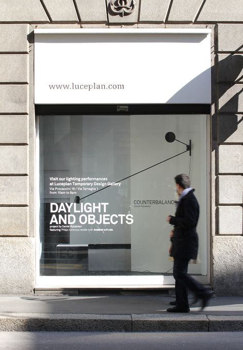 Counterbalance, presented at the Luceplan showroom in Milan. Window Signage, Retail Facade, Shop Facade, Web Design Mobile, Store Concept, Shop Signage, Storefront Design, Exterior Signage, Window Graphics