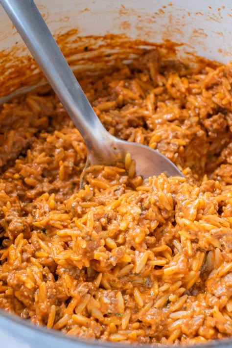 Creamy Ground Beef Orzo?utm_source=12tomatoes Creamy Ground Beef Orzo, Hamburger And Orzo Recipes, Orzo Hamburger Recipes, Ground Beef Orzo Recipes, Orzo Creamy, Beef Orzo, Creamy Ground Beef, Ground Beef And Pasta, Hamburger Salad