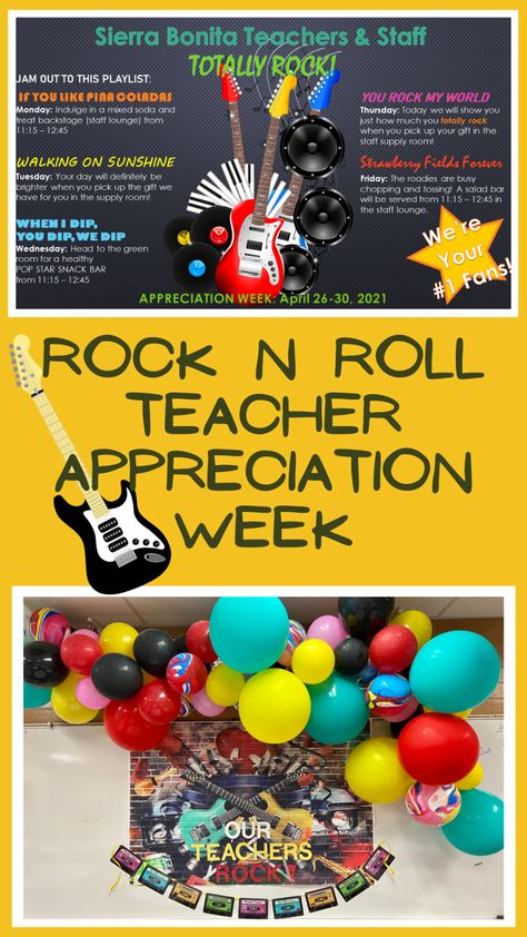 This year for teacher appreciation week, we decided on a Rock n’ Roll theme and had a lot of fun putting the week together. Our Teachers Rock Teacher Appreciation, Ap Appreciation Week Ideas, Teacher Appreciation Rock Star Theme, Our School Rocks Theme, Decades Teacher Appreciation Week, Rockstar Teacher Appreciation, Teacher Appreciation Themes Ideas, Middle School Teacher Appreciation Week, January Staff Appreciation Ideas