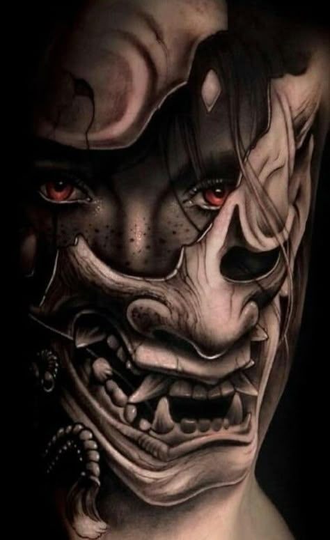 Hannya Maske Tattoo, Tato Geisha, Tato Irezumi, Hannya Maske, Samurai Mask Tattoo, Japanese Mask Tattoo, Samurai Tattoo Sleeve, Shock Mansion, Guerriero Samurai