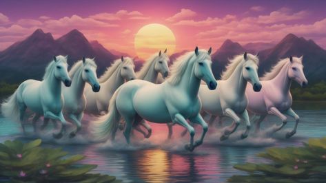 Running Horse Wallpaper For Phone, 7 Running Horses, 7 Horses Running Painting Vastu Wallpaper, Seven Horses Painting, Horses Landscape, Horses Images, 7 Horses, Painting Buddha, Horses Painting