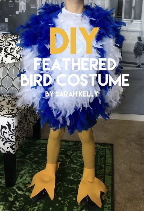 My son is a baby blue bird in his school musical and needed a costume. I showed him some images from Pinterest, but he didn’t like any of them. So, I was on my own, but the idea of using feat… Chicken Costume Diy, Diy Bird Costume, Blue Bird Costume, Chicken Costume Kids, Bird Costume Kids, Goose Costume, Eagle Costume, Bird Wings Costume, Rio Party