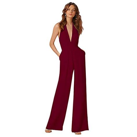 IBTOM CASTLE Women's Sexy Jumpsuits Formal Sleeveless V-Neck Top Halter Wide Leg Long Pants Retro One Piece Backless Rompers Overalls Burgundy S Jumpsuits Outfit, Rompers Dressy, Party Rompers, Pocket Jumpsuit, Banquet Dresses, Loose Jumpsuit, Jumpsuit Dressy, Elegant Office, Jumpsuit Elegant