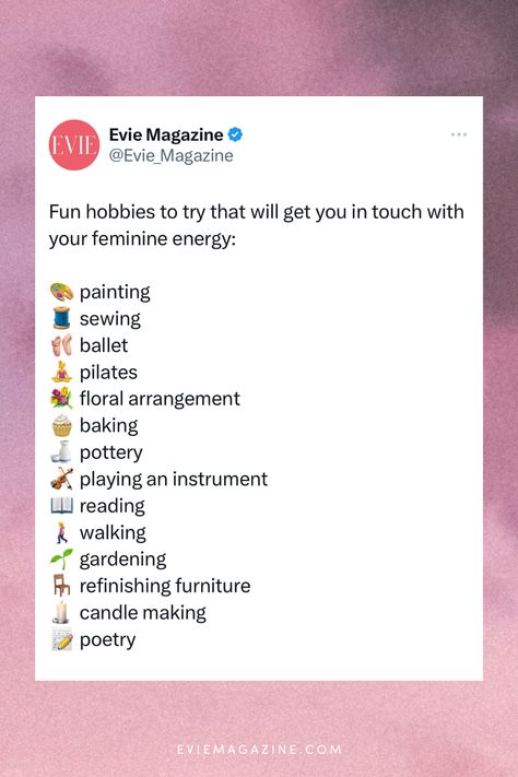 In a fast-paced world, we all need a reason to slow down and tap into our feminine energy, an energy that’s creative, graceful, and life-giving. How To Tap Into Feminine Energy, Fun Hobbies To Try, Feminine Hobbies, Feminine Habits, Light Feminine Energy, Light Feminine, 2024 Goals, Meditation Corner, Hobbies To Try