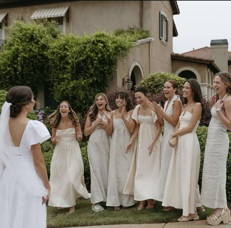 Ecru Bridesmaid Dresses, Oatmeal Bridesmaid Dresses, Bridesmaids In Cream, Bridesmaid Dress Same Color Different Style, Off White Bridesmaids, Linen Bridal Party, Off White Bridal Party, All White Bridal Party Bridesmaids, White Bridesmaid Dresses With Bride