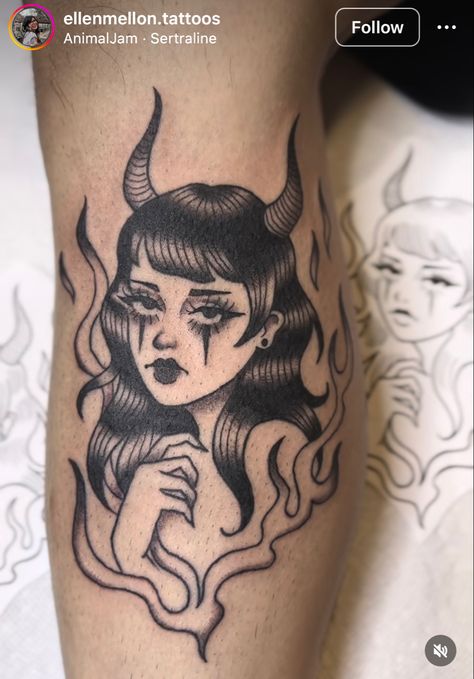 Ellen Mellon Tattoo, Devil Tattoo For Women, Traditional Tattoos For Women, Tatuajes Old School, Goth Tattoo Ideas, Angel And Devil Tattoo, Divine Tattoo, Traditional Tattoo Woman, Tattoos 2023