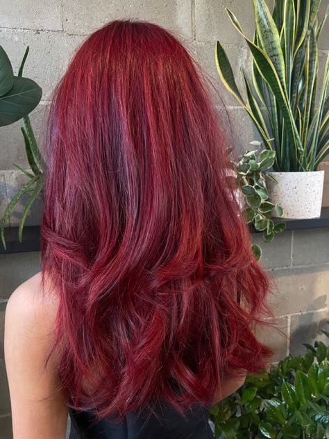 Cherry Red Hair With Long Layers, Cherry Red Hair With Layers, Light Wine Red Hair, Cherry Red Hair Layers, Red Hair Layers Long, Red Hair With Light Red Highlights, Bleached Red Hair, Cheery Red Hair Color, Ariel Red Hair Color