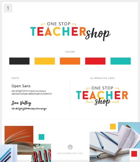 Custom Design Feature | One Stop Teacher Shop - Designer Blogs Teacher Logo Design, Teacher Branding, Logo Rebranding, Teacher Logo, Clean Branding, Brand Kits, Lettermark Logos, Mood Board Template, Boss Logo