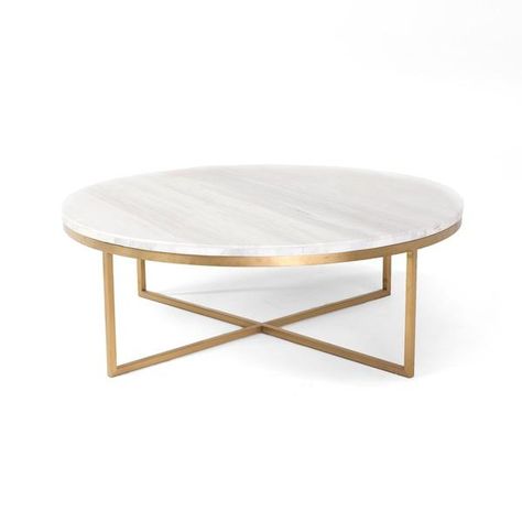 Tables - Entertain guests around this round coffee table from the Marco Collection. The white marble stone top is a natural classic in seating areas, while the brass base adds contrast and modern angles. Marble Round Coffee Table, Eating Table, Marble Top Coffee Table, Couch Table, Gold Coffee Table, Marble And Gold, Diy Coffee Table, Gold Designs, Elegant Furniture