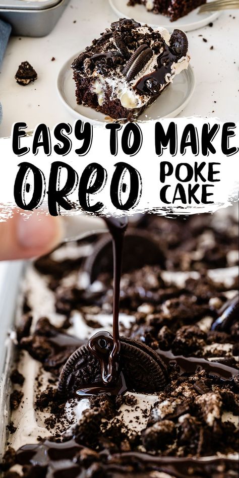 Oreo Dump Cake Recipes, Easy Oreo Dirt Cake, Cool Oreo Cakes, Oreo Poke Hole Cake, Oreo Poke Cake Condensed Milk, Oreo Deserts, Cosmic Brownie Cake, Oreo Poke Cake Recipe, Oreo Poke Cake