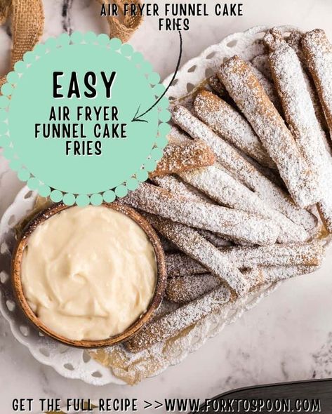 Air Fryer Funnel Cake Fries Air Fried Funnel Cake, Air Fry Funnel Cake, Funnel Cake Recipe Easy Air Fryer, Funnel Cake Air Fryer Recipe, Funnel Cake Fries Air Fryer, Funnel Cake Bites Air Fryer, Funnel Fries Recipe, Air Fryer Funnel Cake, Funnel Cake Fries Recipe