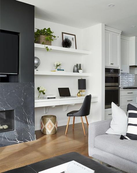 Built In Floating Desk Next to Black Marble Fireplace Mantel - Contemporary - Living Room Floating Shelves Living Room, White Floating Shelves, Living Room And Kitchen, Fireplace Built Ins, Desk In Living Room, Built In Desk, Family Room Design, Built In Shelves, Living Room With Fireplace