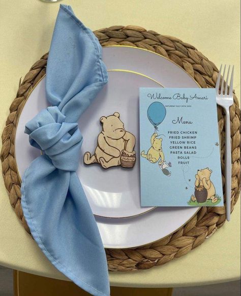 Winnie The Pooh Baby Shower Plates, Vintage Winnie The Pooh Shower Ideas Centerpiece, Weenie The Pooh Baby Shower Ideas Boy, Winnie The Pooh Baby Shower Table Set Up, Winnie The Pooh Table Set Up, Winnie The Pooh Gender Reveal Decor, Vintage Winnie The Pooh Baby Shower Ideas, Winnie The Pooh Baby Shower Table Decor, Whinney Pooh Baby Shower Ideas