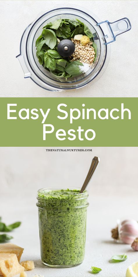 This 5-minute Spinach Pesto is made with fresh spinach, a little basil, garlic, lemon and Parmesan cheese. The perfect thing to add flavor to a meal. #veggieloaded Spinach Pesto Sauce, Parsley Pesto Recipe, Spinach Pesto Recipe, Easy Sauces, Farm Recipes, How To Make Spinach, Parsley Pesto, Cafe Business, Spinach Pesto