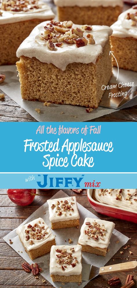 Combine all the flavors of Fall by baking Frosted Applesauce Spice Cake made with "JIFFY" Golden Yellow Cake Mix. This appetizing cake is filled with delicious Autumn spices and topped with sweet cream cheese frosting. 2 Ingredient Cake, Applesauce Spice Cake, Jiffy Recipes, 2 Ingredient Cakes, Snack Bar Recipes, Jiffy Cornbread Recipes, Yellow Cake Mix Recipes, Spice Cake Recipe, Autumn Spices