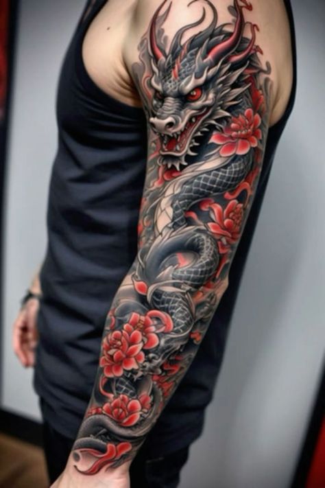 Japanese Dragon Sleeve Tattoo, Dragon Phoenix Tattoo, Japan Dragon Tattoo, Dragon And Phoenix Tattoo, Japon Tattoo, Dragon Tattoo Wrapped Around Arm, Dragon Tattoo Sleeve, Dragon Arm Tattoo, Dragon Tattoo Realistic