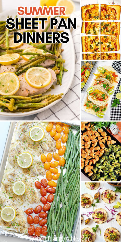 Collage of summer sheet pan meals. Easy Healthy Sheet Pan Dinner Recipes For Family, Sheet Pan Dinners Fish, Sheet Pan Meals Fish, One Sheet Pan Meals Healthy Fish, Healthy Shrimp Fajitas Sheet Pan, Foil Dinners, Easy Sheet Pan Dinners, Easy Summer Dinners, Summer Pasta Salad