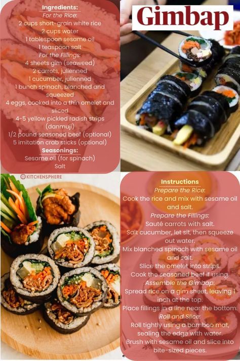 Guk Bap Recipe, Korean Rice Roll, Bim Bim Bap Recipe Korean Food, How To Make Gimbap Rice Rolls, Korean Gimbap Recipes, Korean Kimbap Recipes, Kimbap Ingredients, Korean Food Recipes Dinners, Korean Food Vegetarian