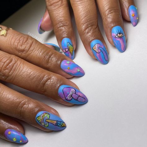 Purple Mushroom Nails, Trippy Mushroom Nails, Nails Mushroom, Whimsical Nails, Mushroom Nails, Mushroom Outfit, Hippie Nails, Brown Mushroom, Polish Ideas