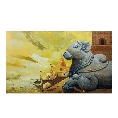 Nandi Painting Canvas, Nandi Painting, Cow Sketch, Figure Sketches, Home Wall Painting, Ganesh Art Paintings, Temple Bells, Human Figure Sketches, Pen Art Drawings