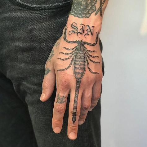 Tattoo by H B Nielsen #HBNielsen #scorpiontattoos #scorpion #arachnid #insect #blackandgrey #illustrative #oldschool #lettering #sin #oldenglish #font Scorpion Neck Tattoo, Scorpion Tattoos, Herren Hand Tattoos, Feminine Skull Tattoos, The Trend Spotter, Scorpio Tattoo, Hand Tats, Scorpion Tattoo, Detailed Tattoo