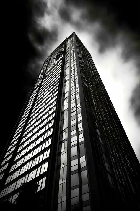 Black and white vertical photo of the architecture of high-rise buildings. Ai generative art Vertical Photography, High Contrast Photography, Black And White Building, Buildings Art, Contrast Photography, Tree Saw, High Rise Building, Cityscape Photos, Structure Design