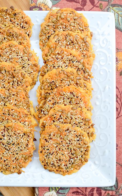 Seeded Quinoa Cheese Crisps | The Every Kitchen Quinoa Crackers, Quinoa Crisps, Quinoa Chips, Savory Quinoa, Food Alternatives, Crispy Quinoa, Healthy Crackers, Puffed Quinoa, Snack Bites