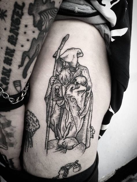 Retro Fantasy Tattoo, Woodburn Tattoo, Small Wizard Tattoo, Norse Pagan Tattoo Ideas, May I Stand Unshaken Tattoo, Scholar Tattoo, The Hermit Tattoo, Woodcut Tattoo Design, Cosmere Tattoo