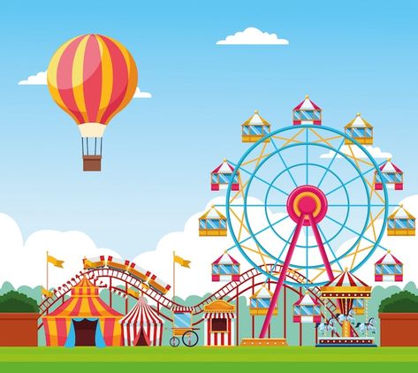 Fair festival with fun attractions scene... | Free Vector #Freepik #freevector #cirque #fair #carnival #carnival-tent Balloon Images, Fair Festival, Art Room Posters, Monster Board, Drawing Scenery, Circus Theme Party, Kids Carnival, Party Cartoon, Thailand Art